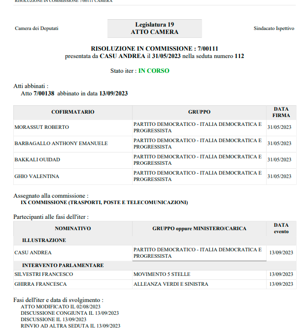 Tpl: Risoluzione 7/00111 – Commissione IX Camera dei Deputati